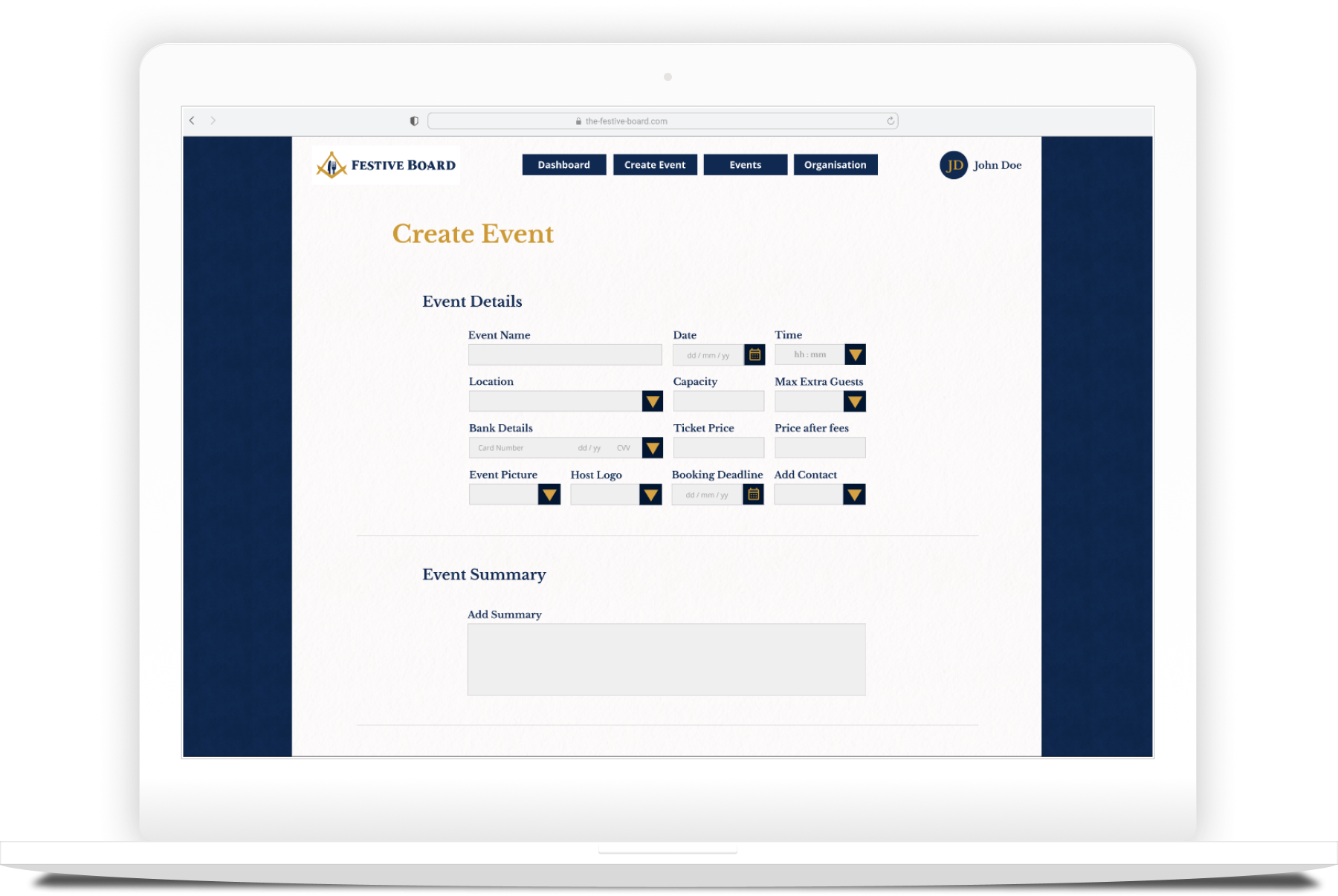 The Festive Board event management dashboard on a computer screen